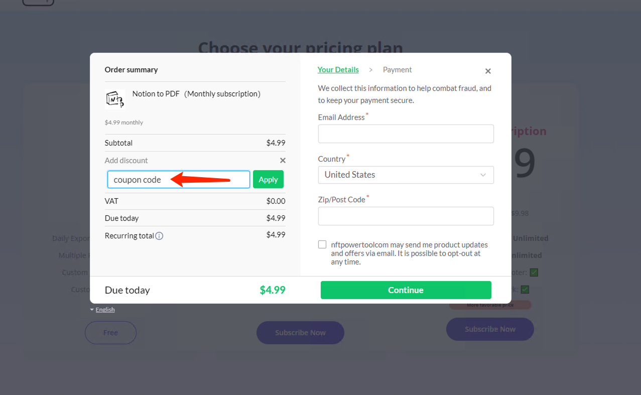 Caixa de entrada de adicionar desconto com botão Aplicar